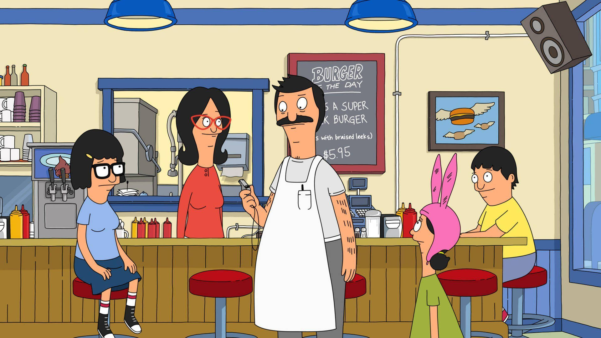 The Belcher Family Working Together at Bob's Burgers Restaurant Wallpaper