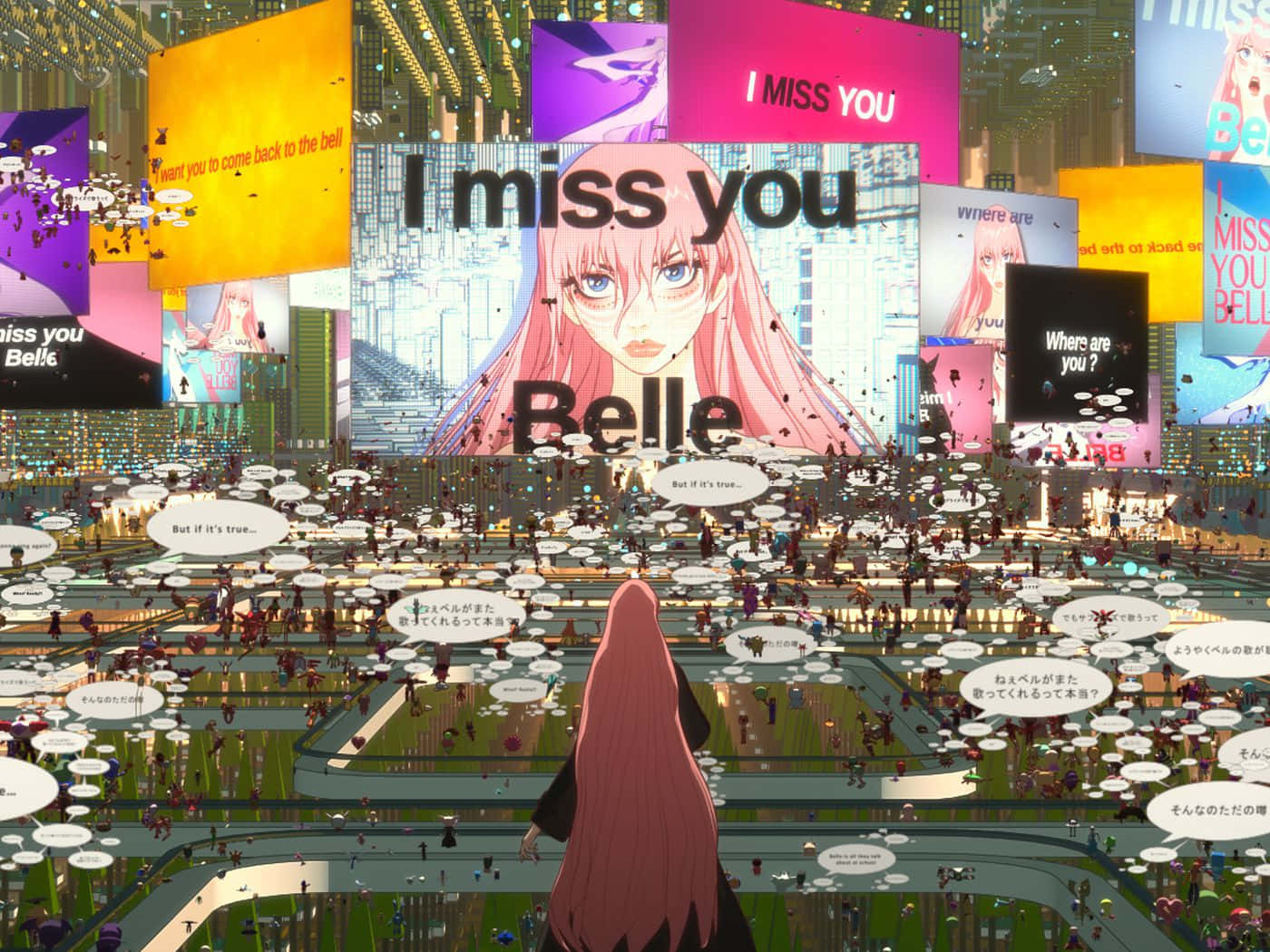 Anime Character Mightily Expressing 'Miss You' Feelings on Billboard in City Nightscape Wallpaper