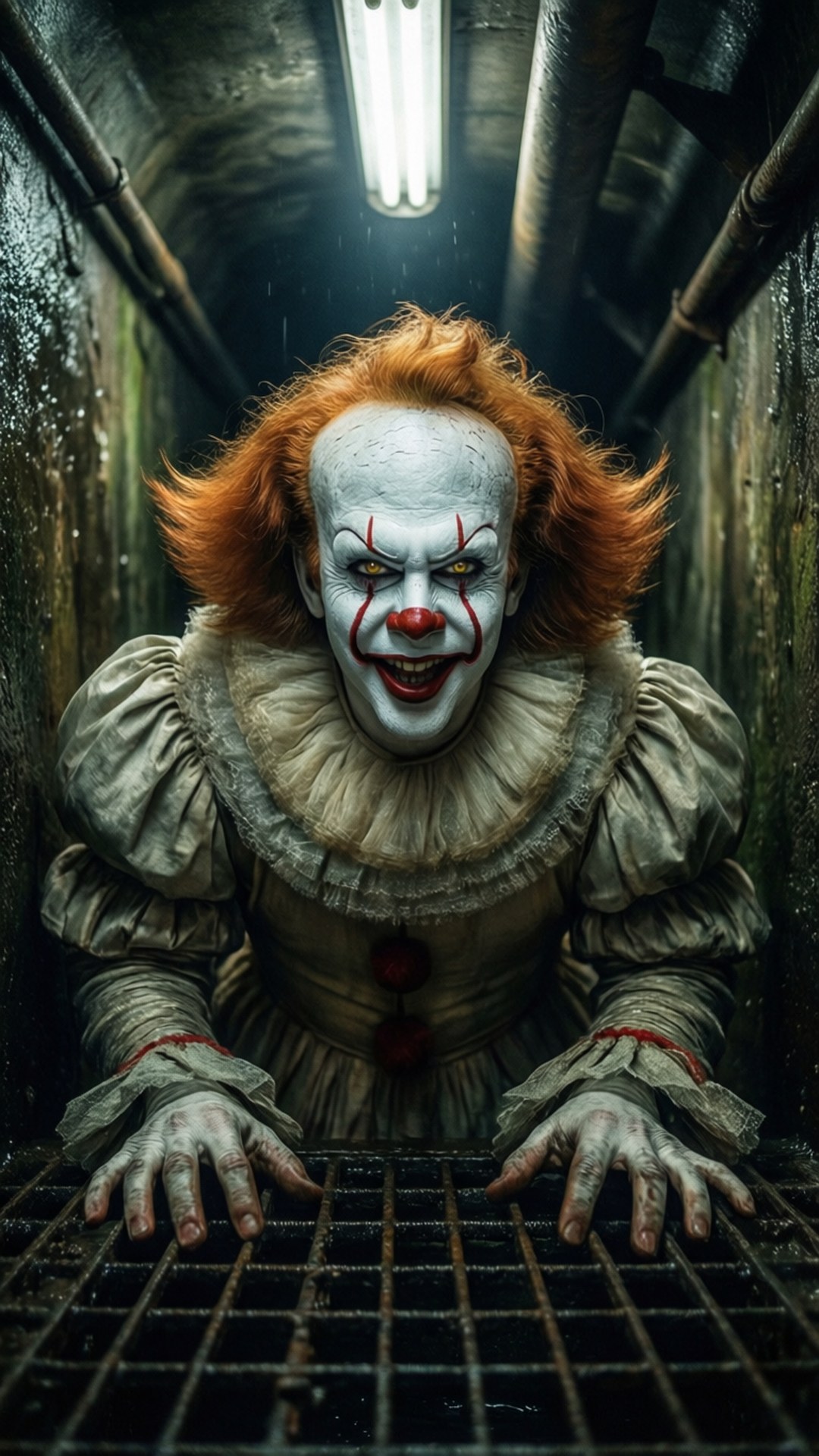 Pennywise peers up through a sewer grate with light streaming in, creating a tense moment.