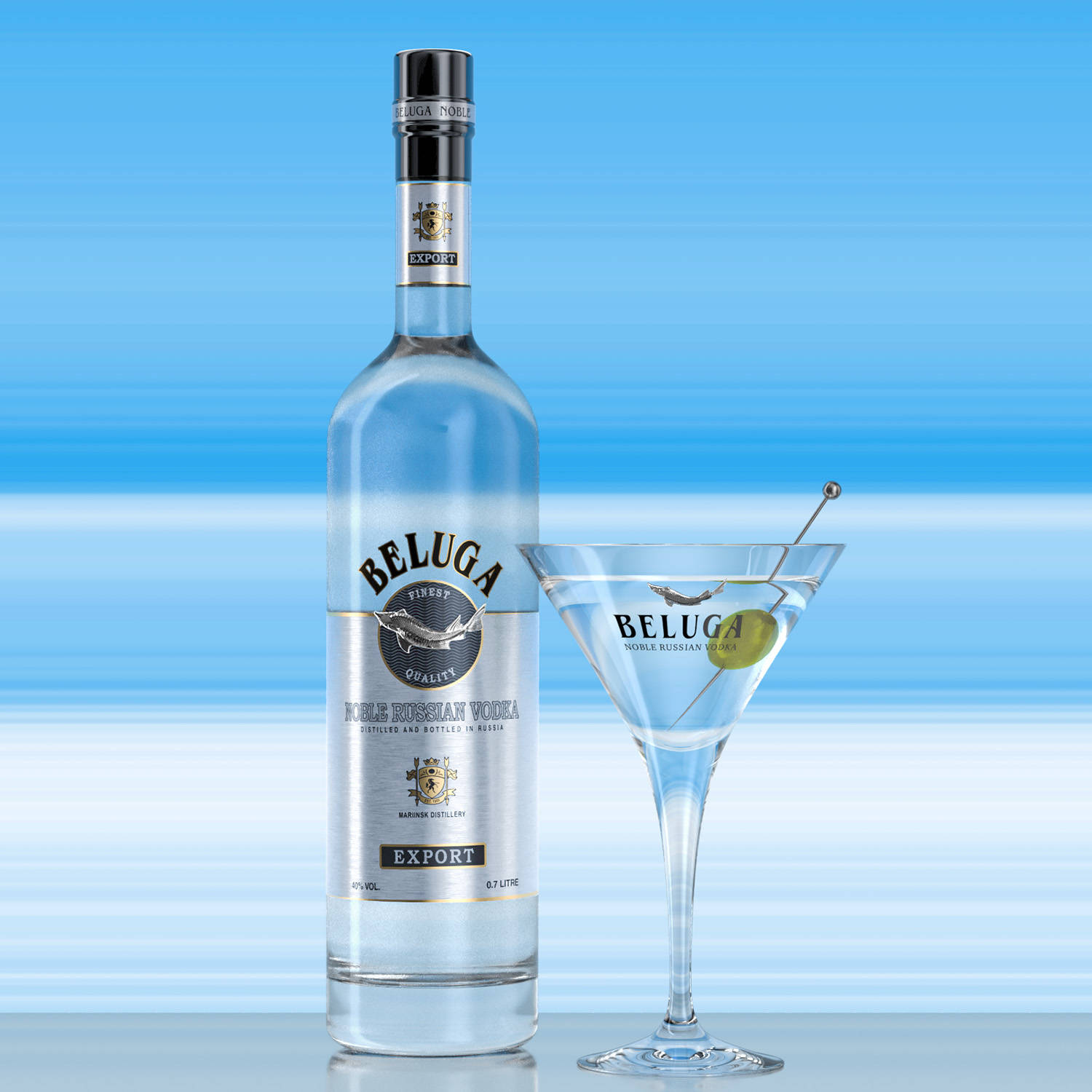 Bottigliadi Vodka Beluga Con Martini Sulla Spiaggia. Sfondo