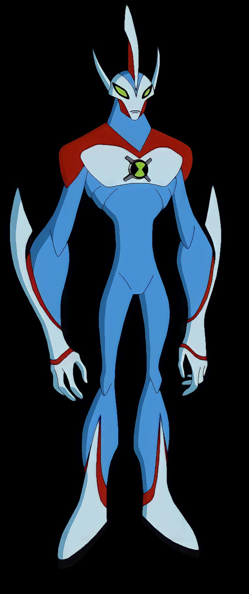 a blue and white cartoon character with a red and white outfit