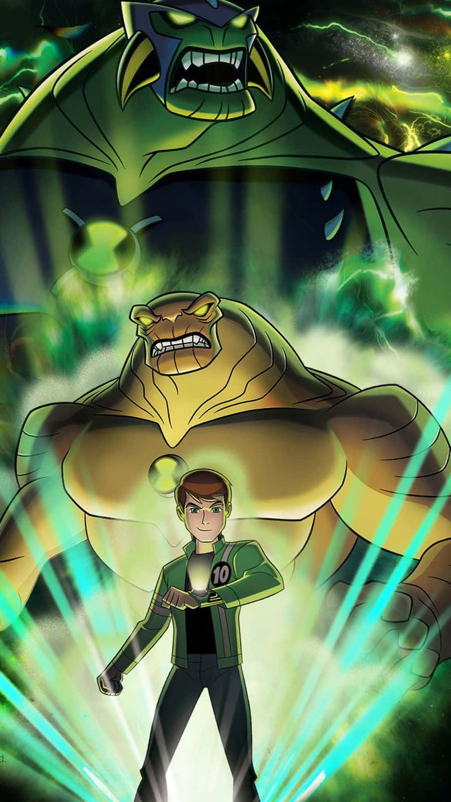 Ben 10 themed background featuring heroes and villains