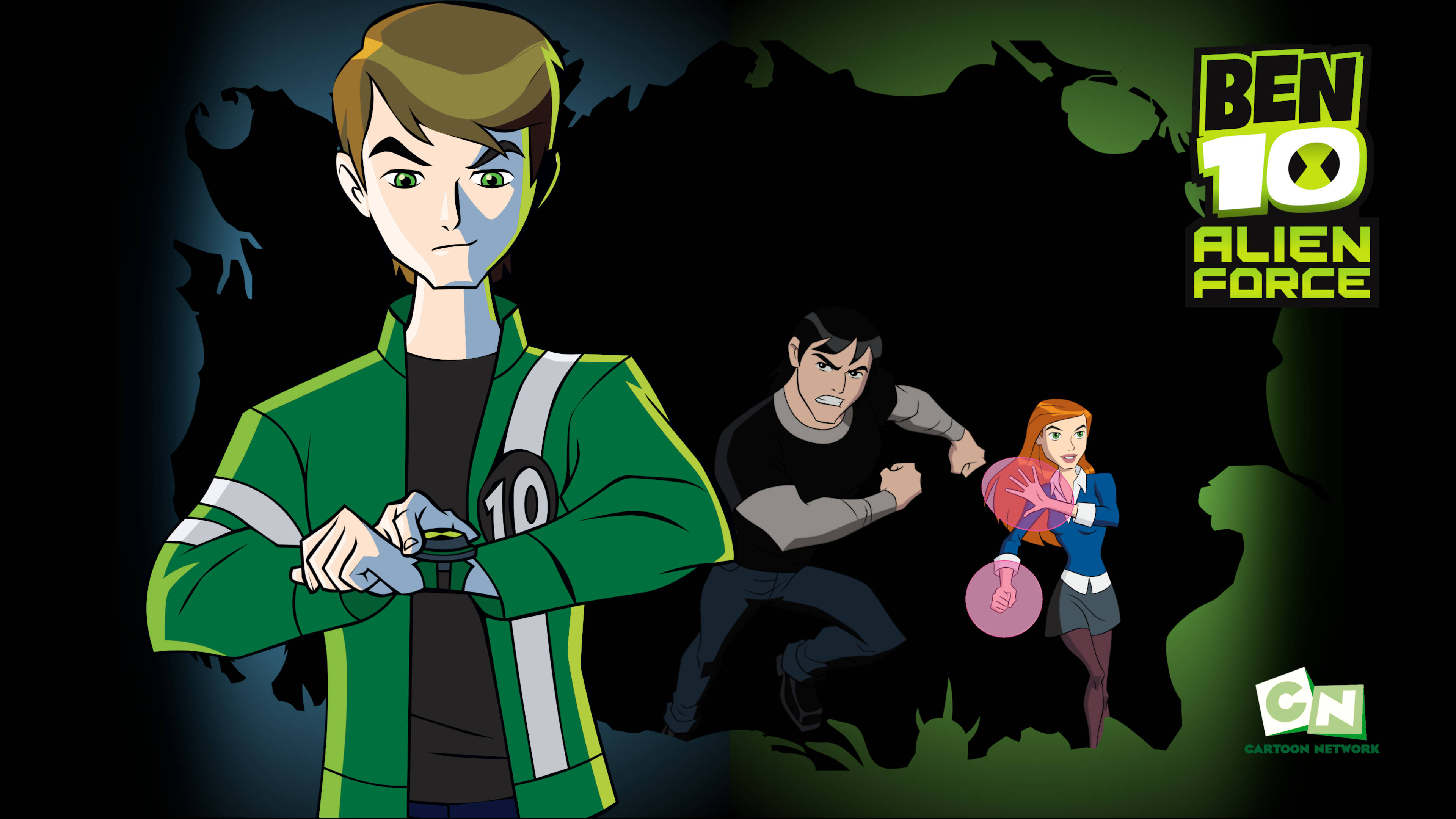 Caption: Ben 10's Omnitrix with Gwen and Kevin in Action Wallpaper