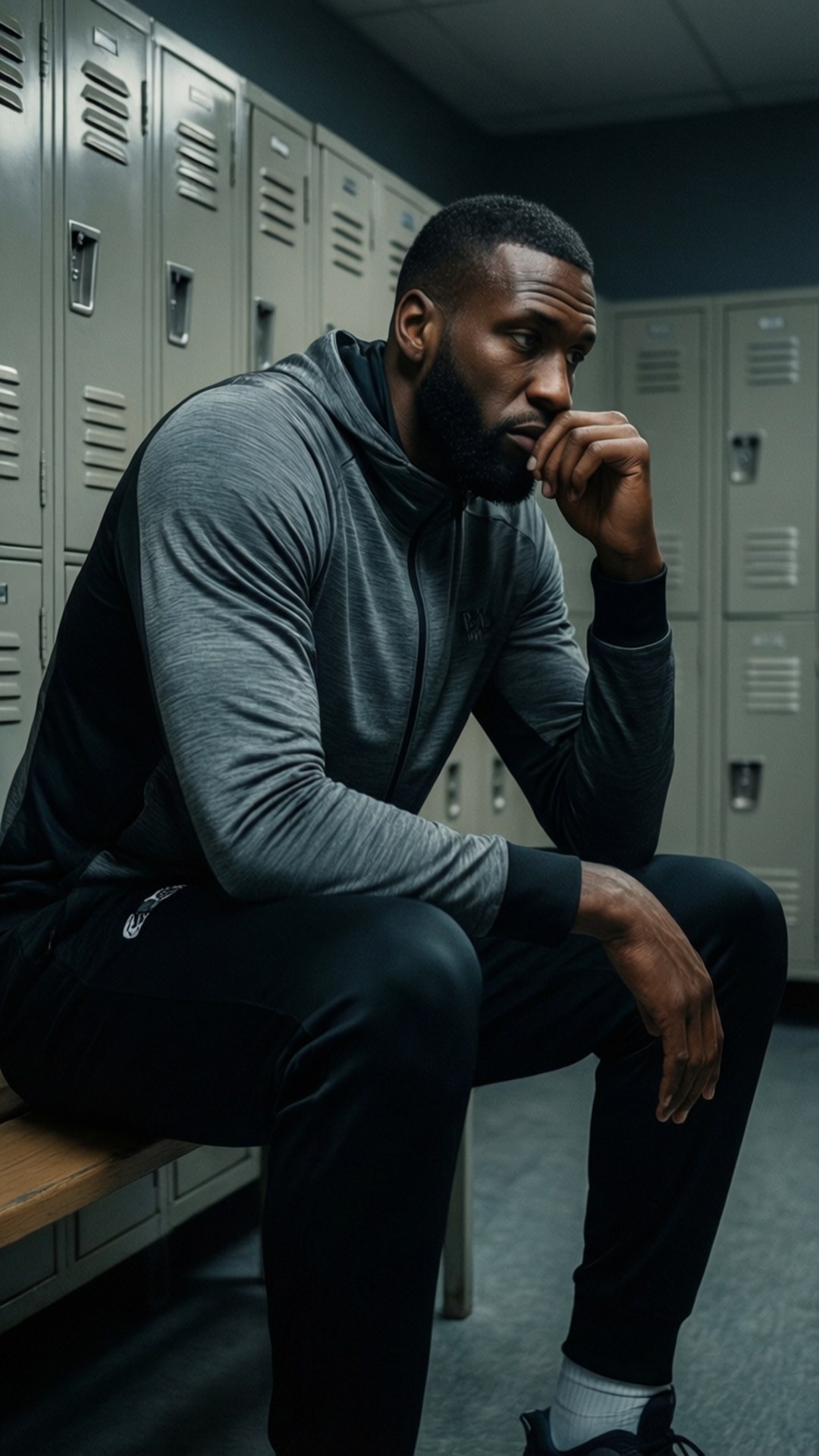 Rudy Gobert on bench in grey tracksuit, thoughtful mood, dim lighting. — Rudy Gobert Picture