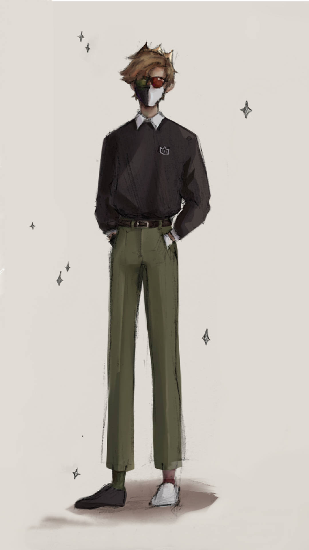 Et tegning af en mand i en sort skjorte og grønne bukser. Wallpaper