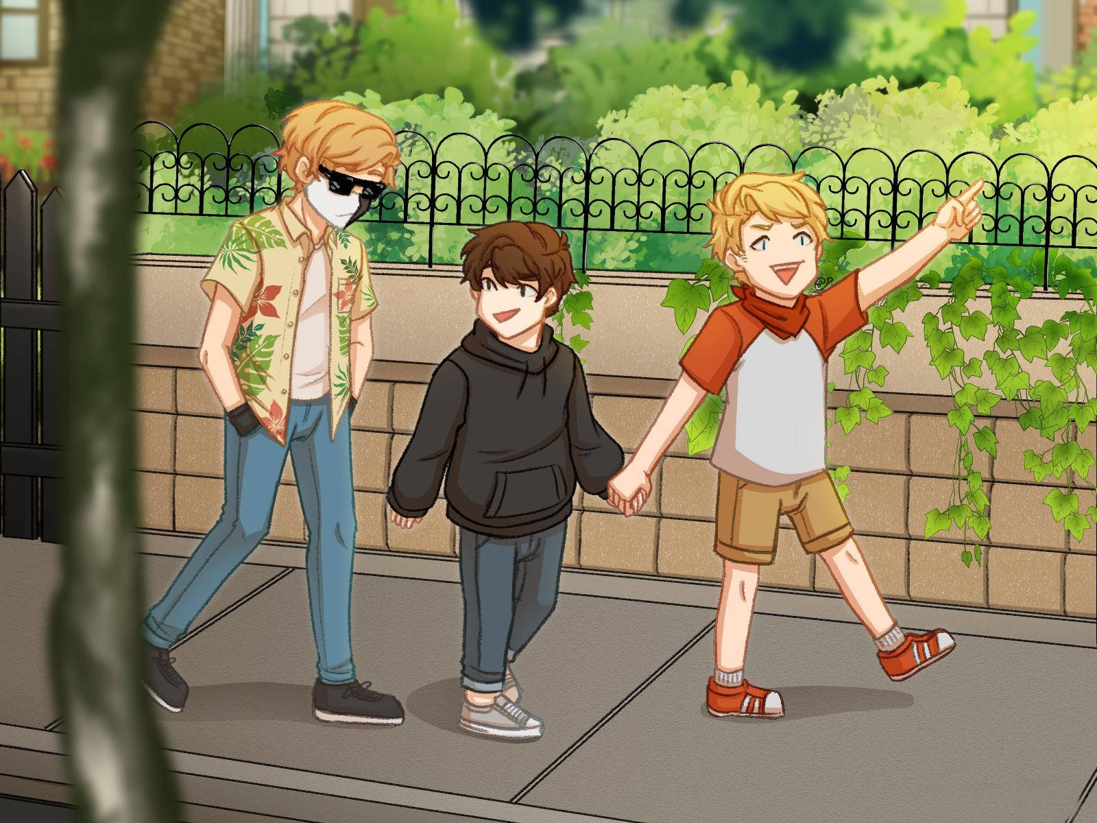 En tegnefilm af tre drenge, der går ned ad gaden på en fantasifuld måde. Wallpaper