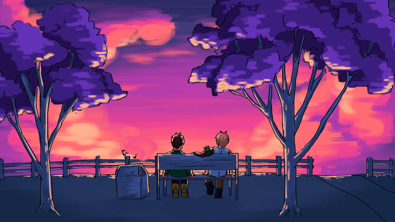 Et par siddende på en bænk ved solnedgang Wallpaper