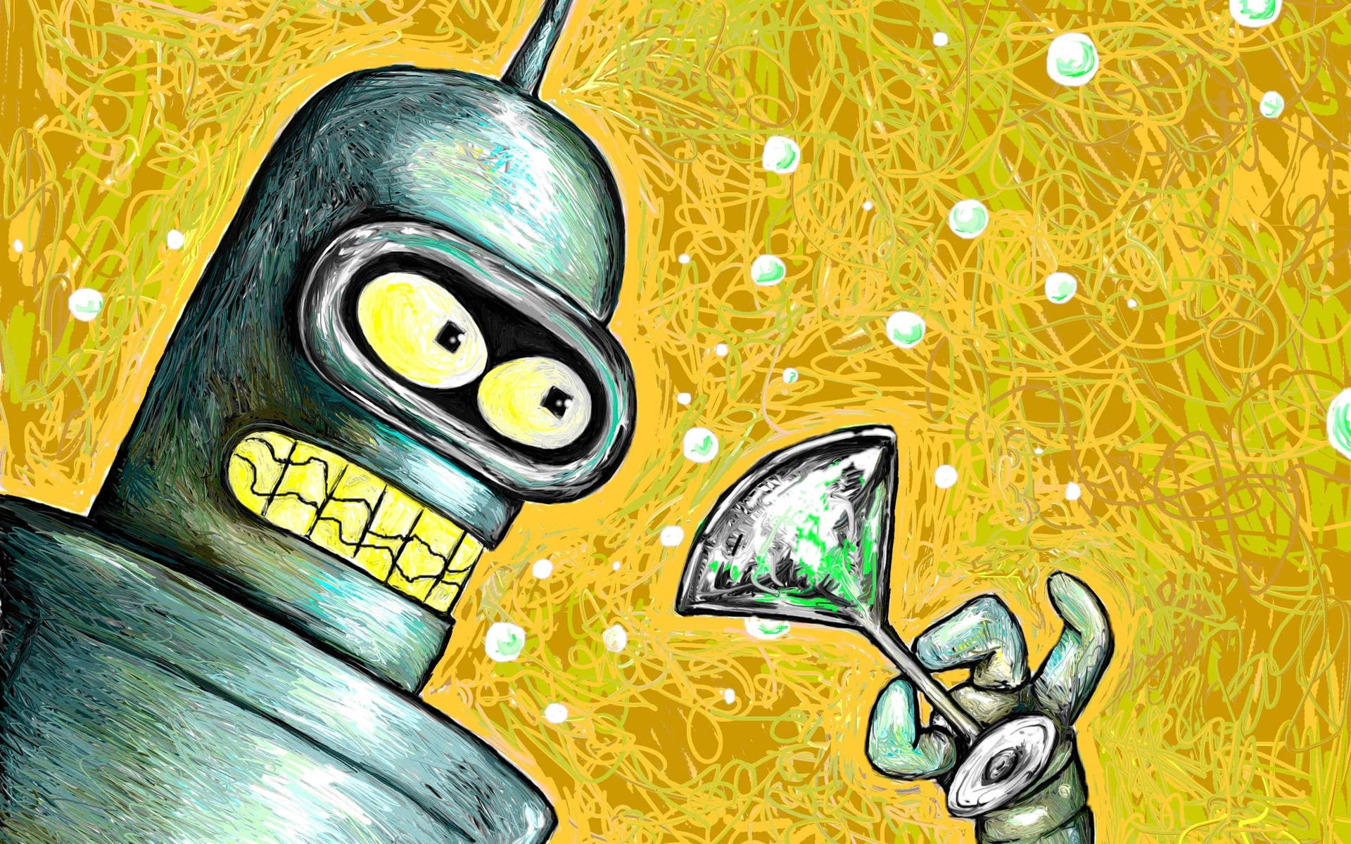 Bender Futurama fra den animerede tv-serie Stardust, som ligner jordfarver, som bølger over et mørkt baggrund. Wallpaper