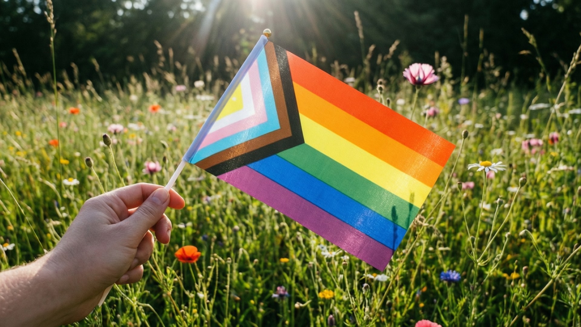 Flag in Flowers Wallpaper — A hand holds a rainbow and pansexual flag in a sunlit field of wildflowers with lens flare.