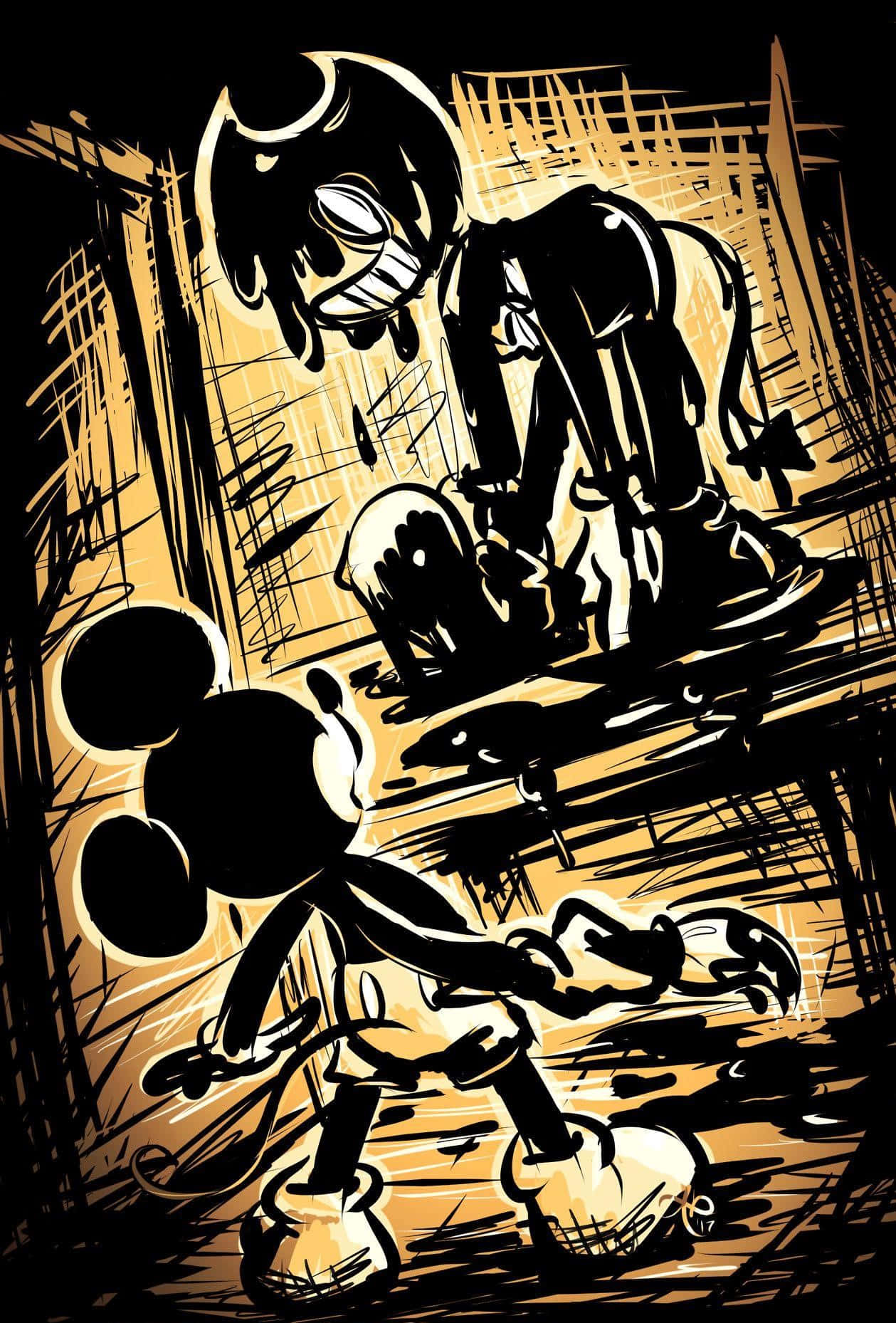 Bendy the Ink Demon strikes a pose against a retro-styled ink factory background. Wallpaper