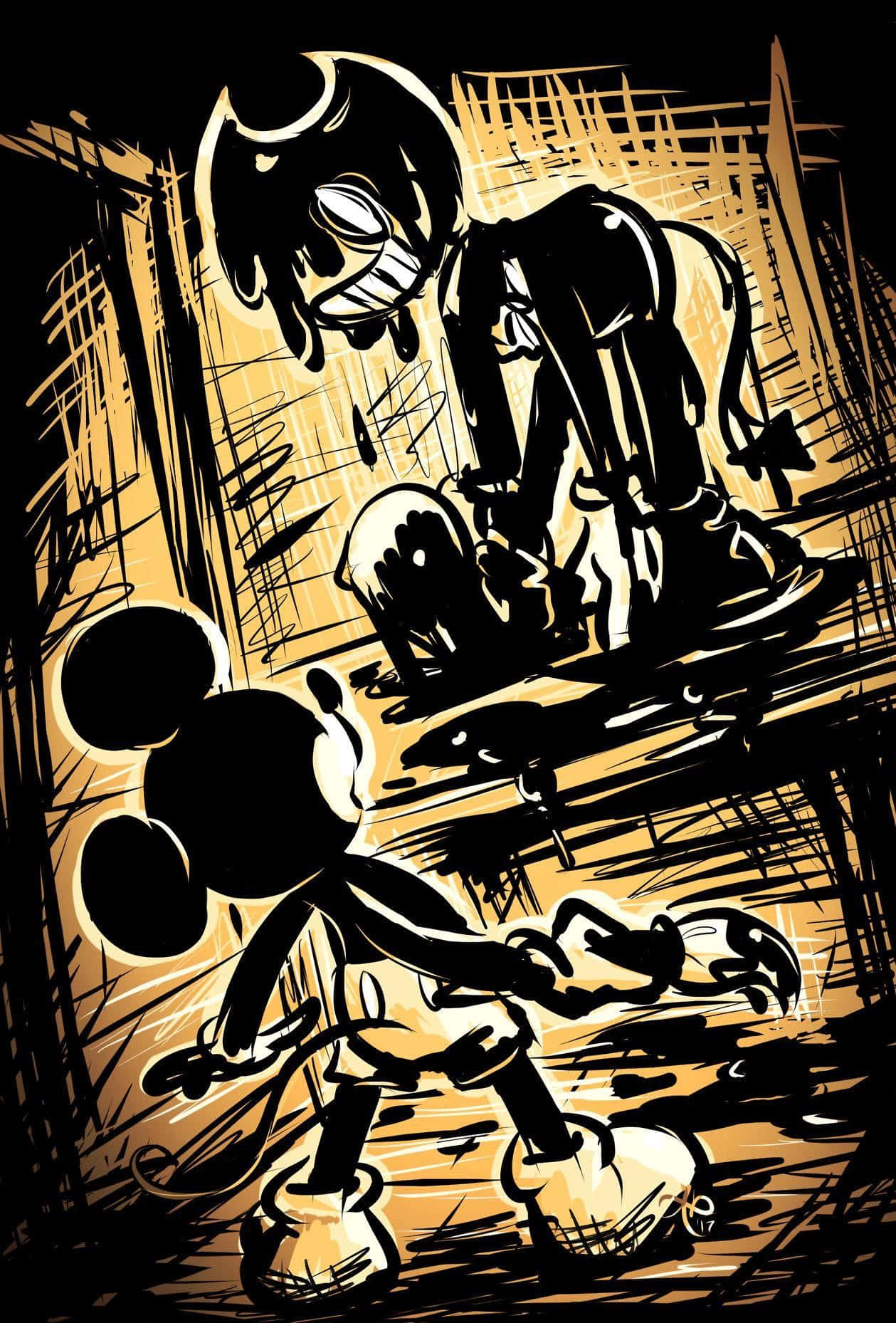 Bendy,el Demonio De La Tinta, Adopta Una Pose Frente A Un Fondo De Fábrica De Tinta De Estilo Retro. Fondo de pantalla