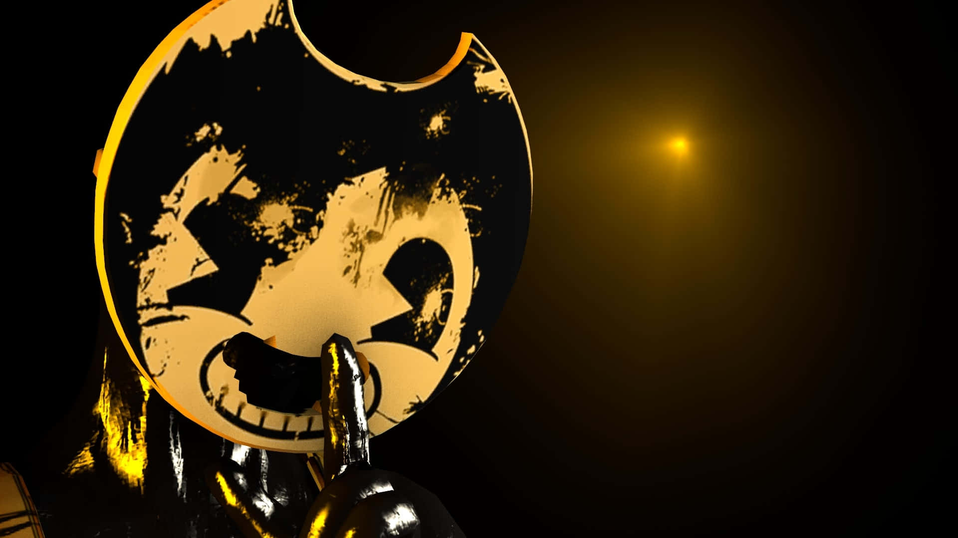 Bendy's haunting yet mischievous grin in a darkened studio Wallpaper