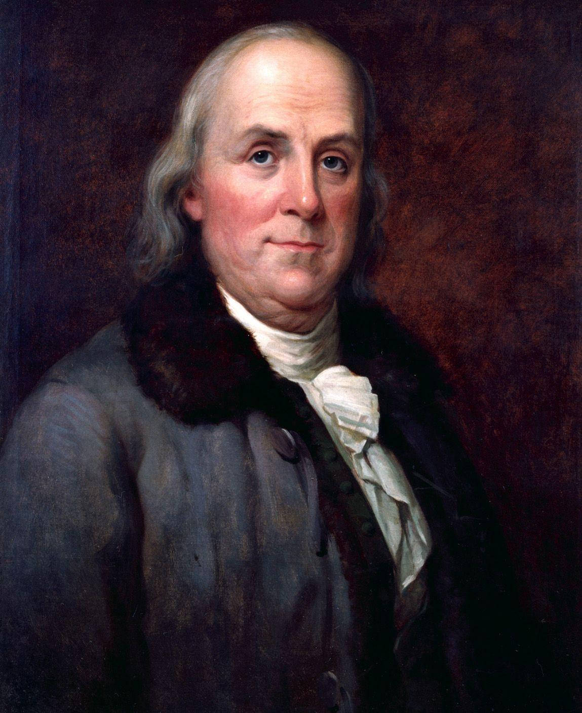 Benjamin Franklin i sort kåbe portrætterer hovedet på væggen. Wallpaper