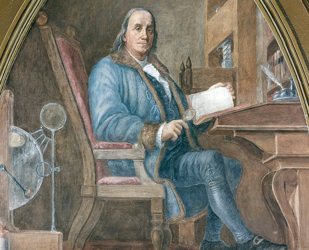 Benjamin Franklin Sulla Sedia Di Legno Sfondo