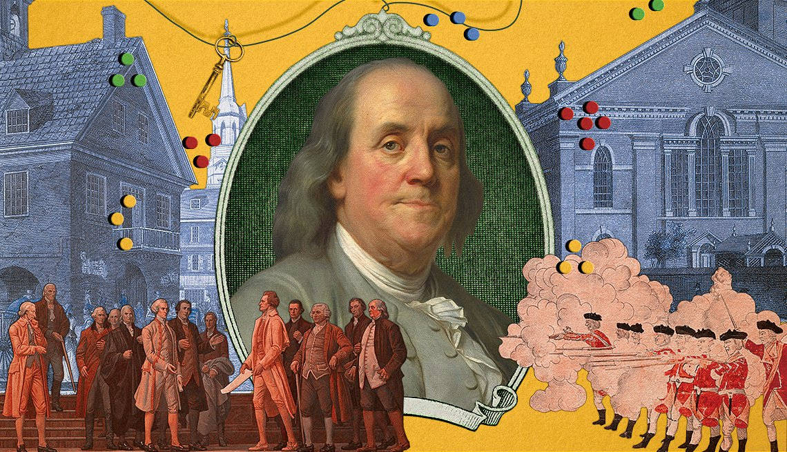 Benjamin Franklin Med Hvid Overdådig Ramme Wallpaper