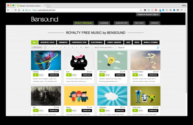 Bensound Royalty Free Music Website Screenshot PNG