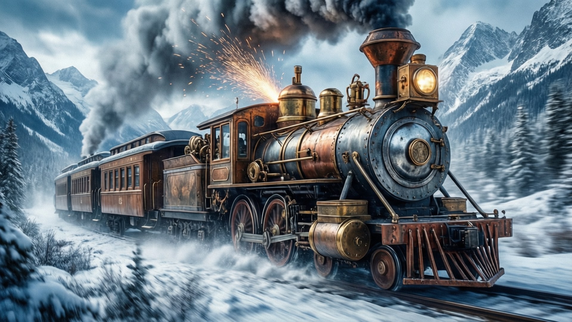 Mountain Express Wallpaper — A vintage steam locomotive with glowing headlight and sparking wheels races through a snowy mountain pass under a stormy sky.