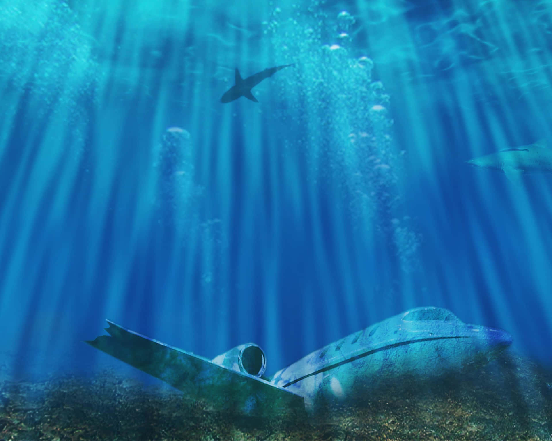 an airplane is under the water with sharks and fish