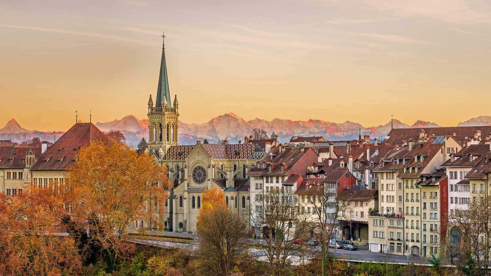 Bern Cityscape Sunset Alps View Wallpaper