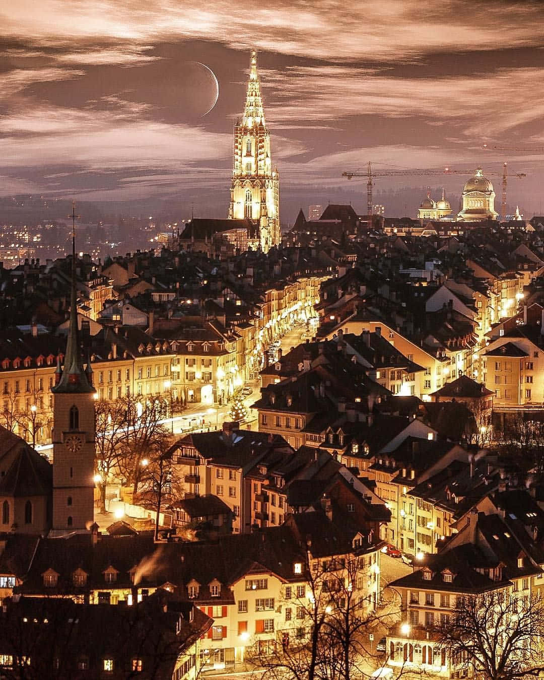 Bern Nighttime Cityscape Cathedral Wallpaper