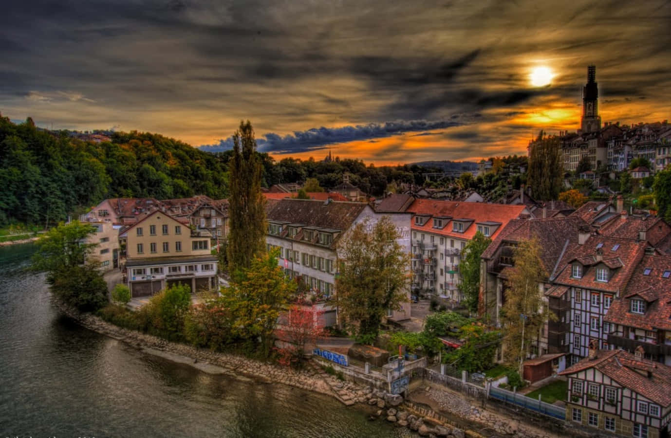Bern Sunset Over Aare River Wallpaper