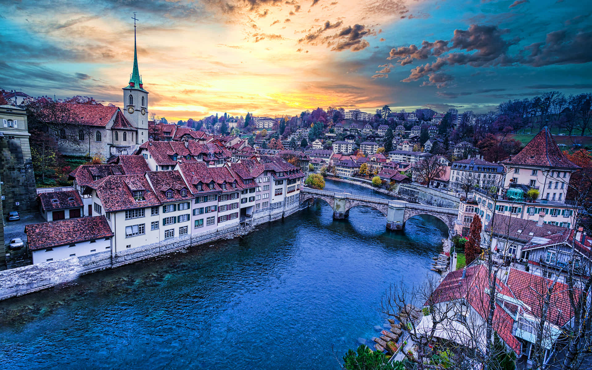 Bern Sunset Over Aare River Wallpaper