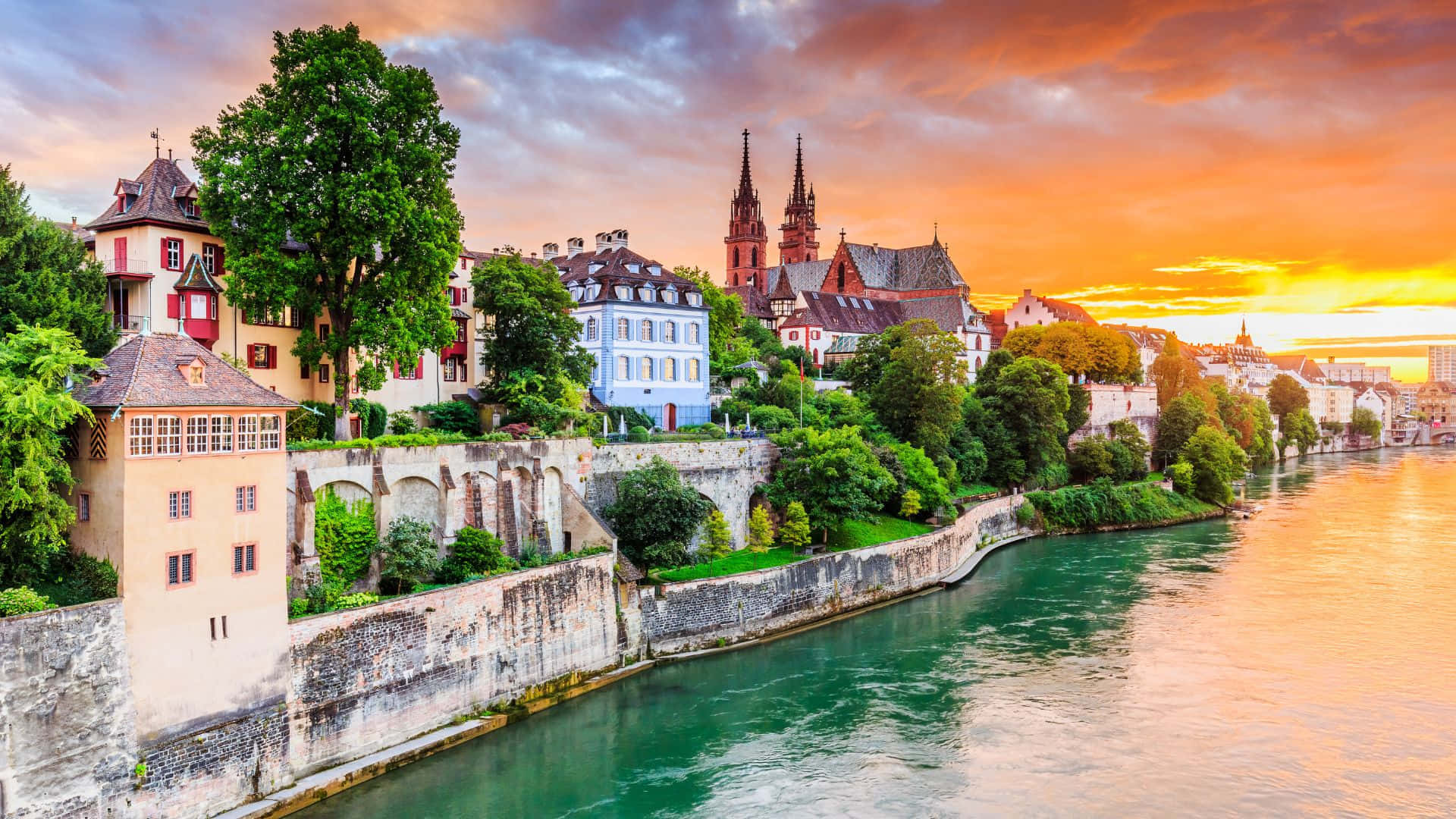 Bern Sunset Riverfront Architecture Wallpaper