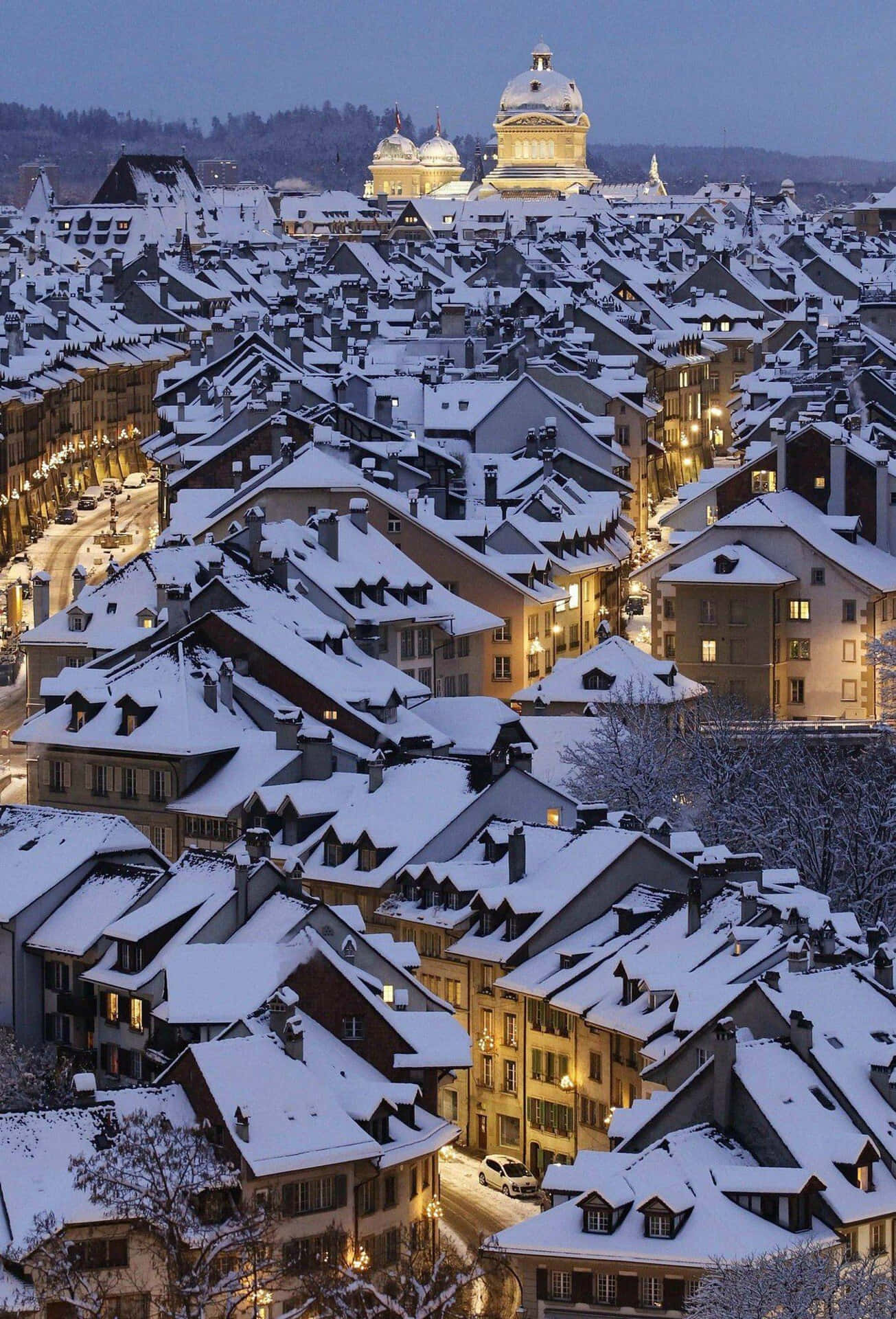 Bern Winter Evening Snow Covered Rooftops Wallpaper