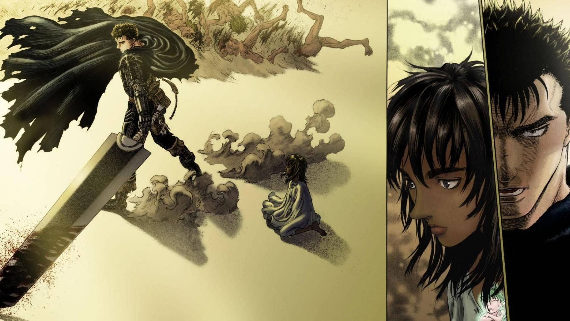 Guts and his love, Casca, in action in the fantasy epic Berserk Wallpaper