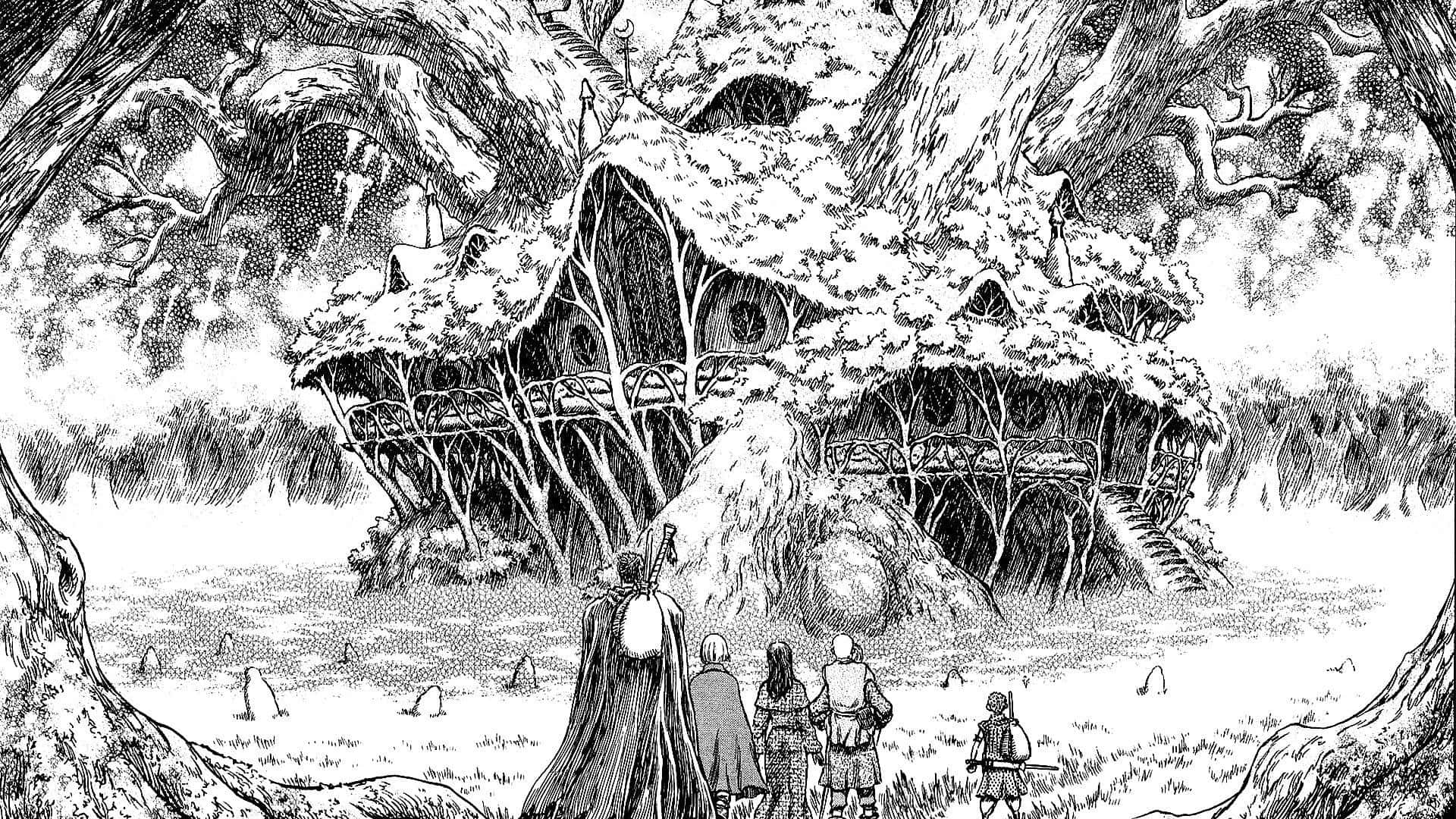 Guts, the Black Swordsman, flanked by his fellow companions as featured in Kentaro Miura's Berserk manga. Wallpaper