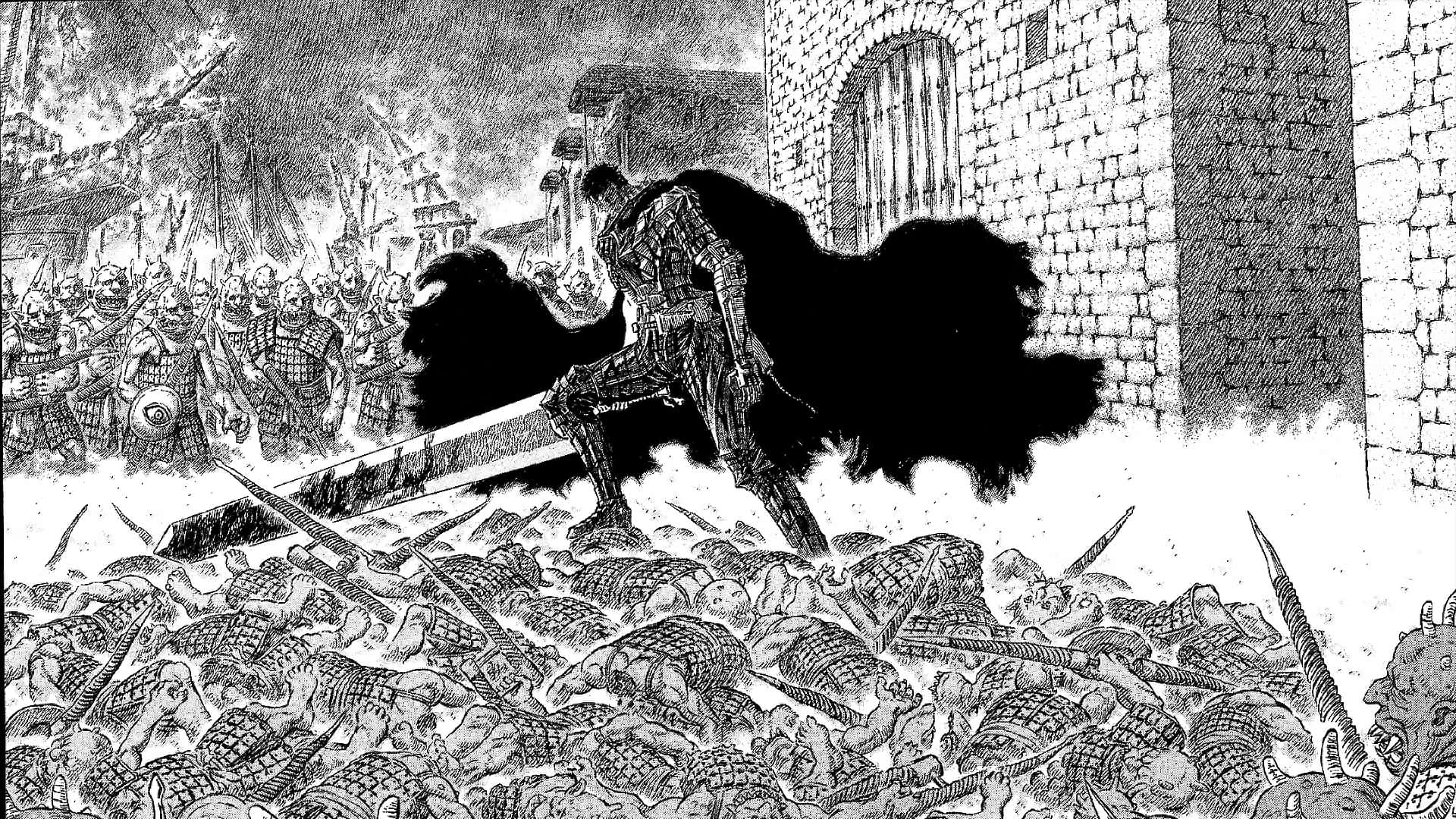 'Guts - Sort Sværdsmand, der slår et kraftigt slag i Berserk Manga' Wallpaper