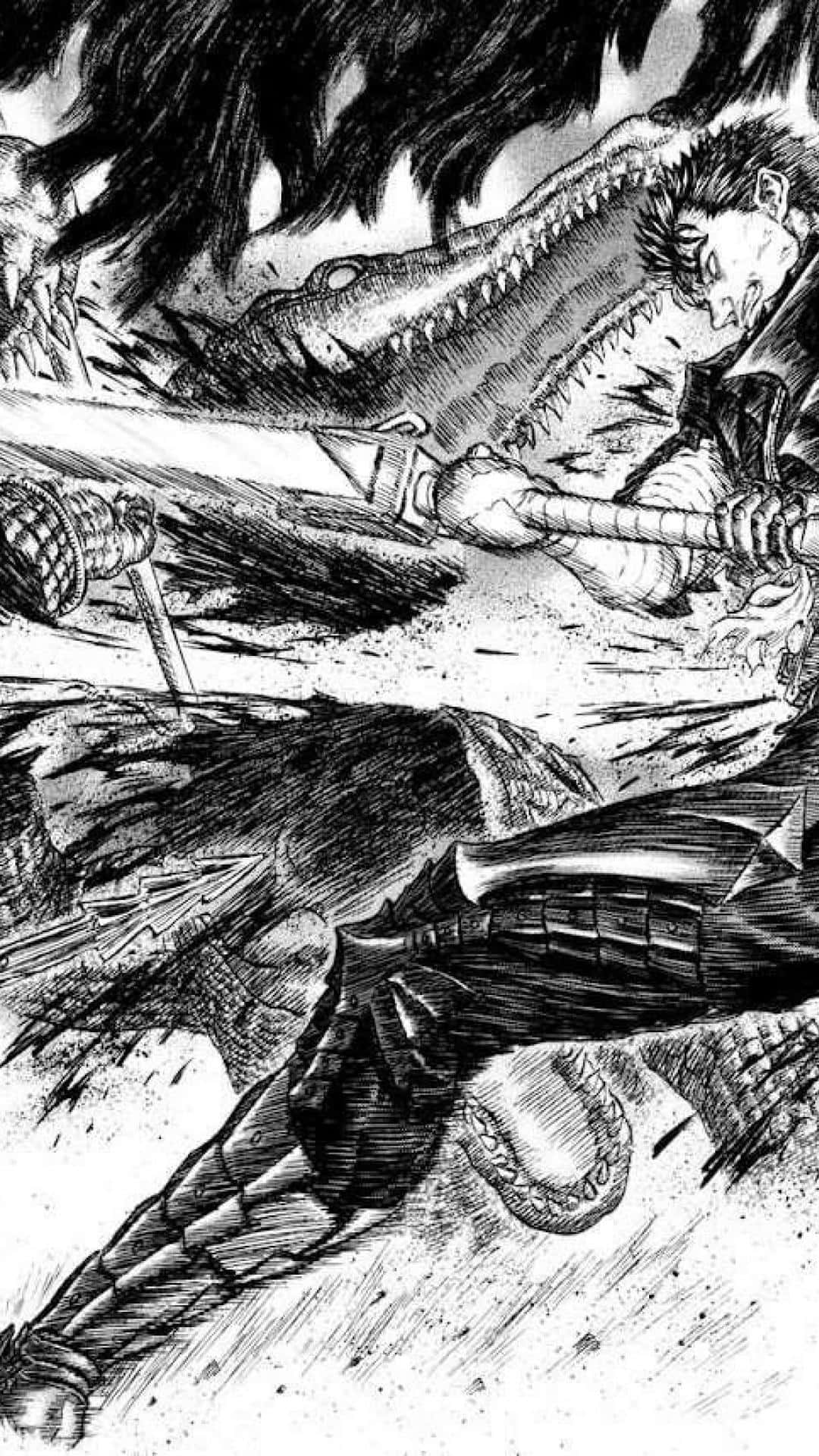 Berserk Manga Guts Slaying Crocodile Background