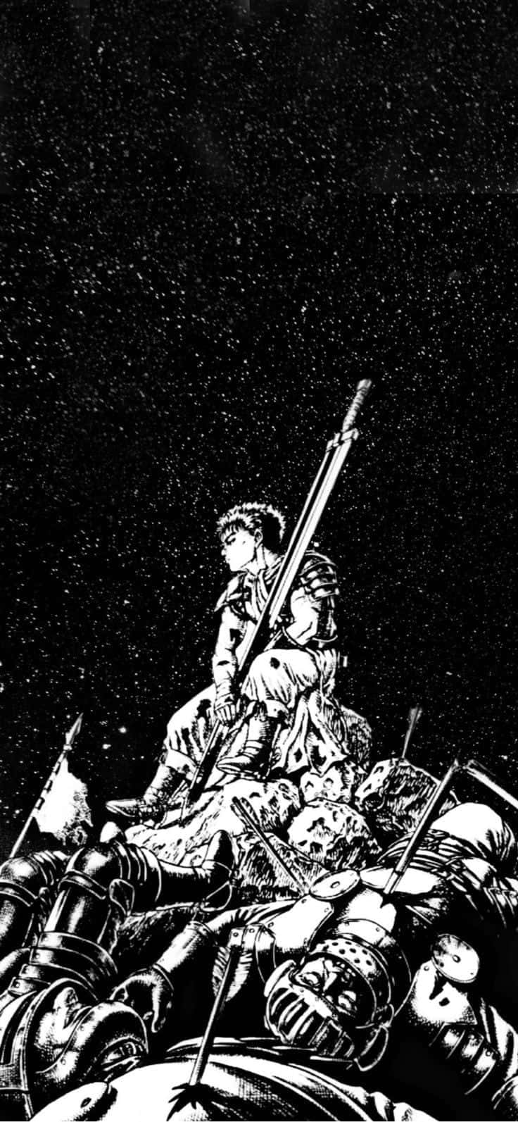Guts, hovedpersonen i den klassiske japanske manga-serie Berserk, står højt mod en dramatisk baggrund af ild. Wallpaper