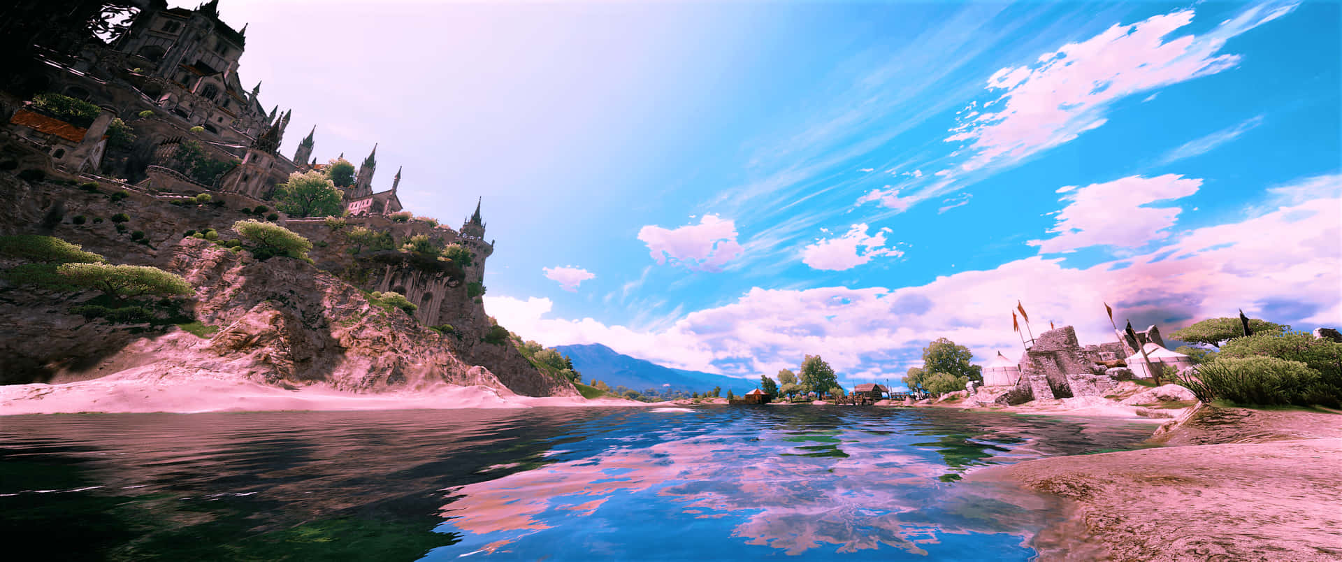 A Watery Scene With A Castle And Mountains Wallpaper