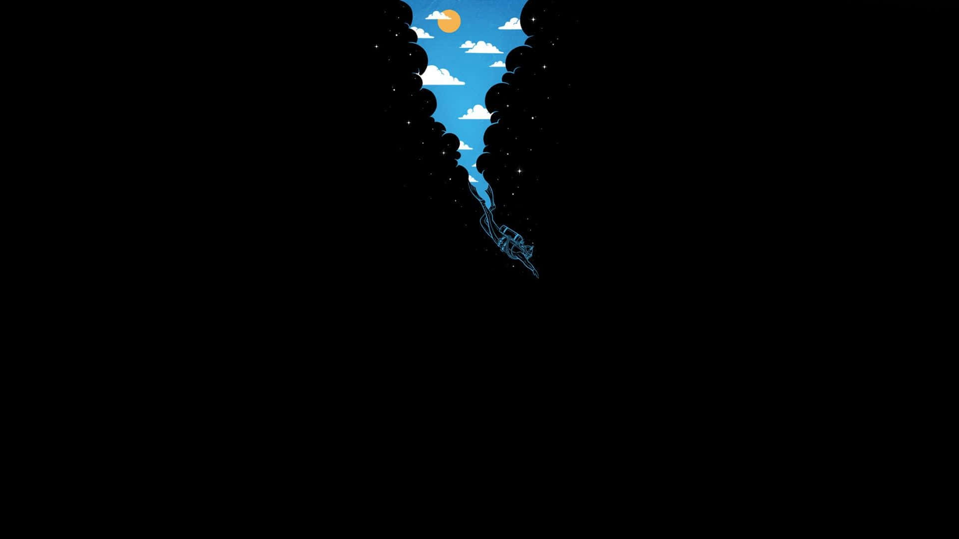 En mand står i en hule med et blå himmel i baggrunden. Wallpaper