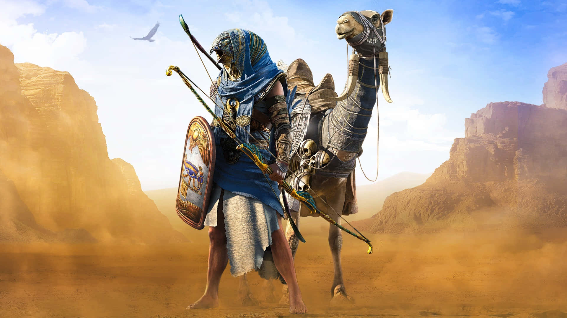En mand i et kostume står i ørkenen