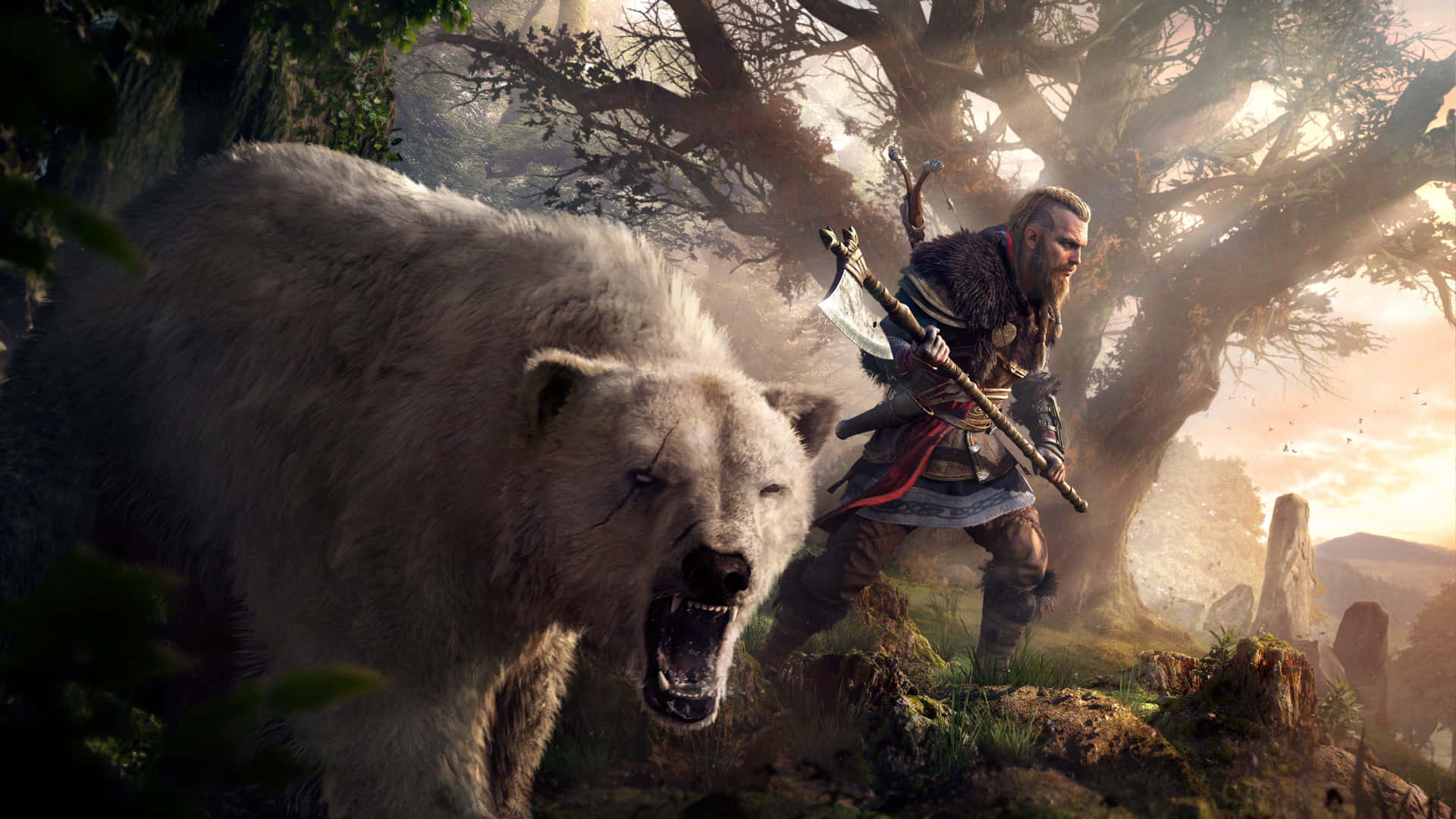 En mand med et sværd og en bjørn i skoven
