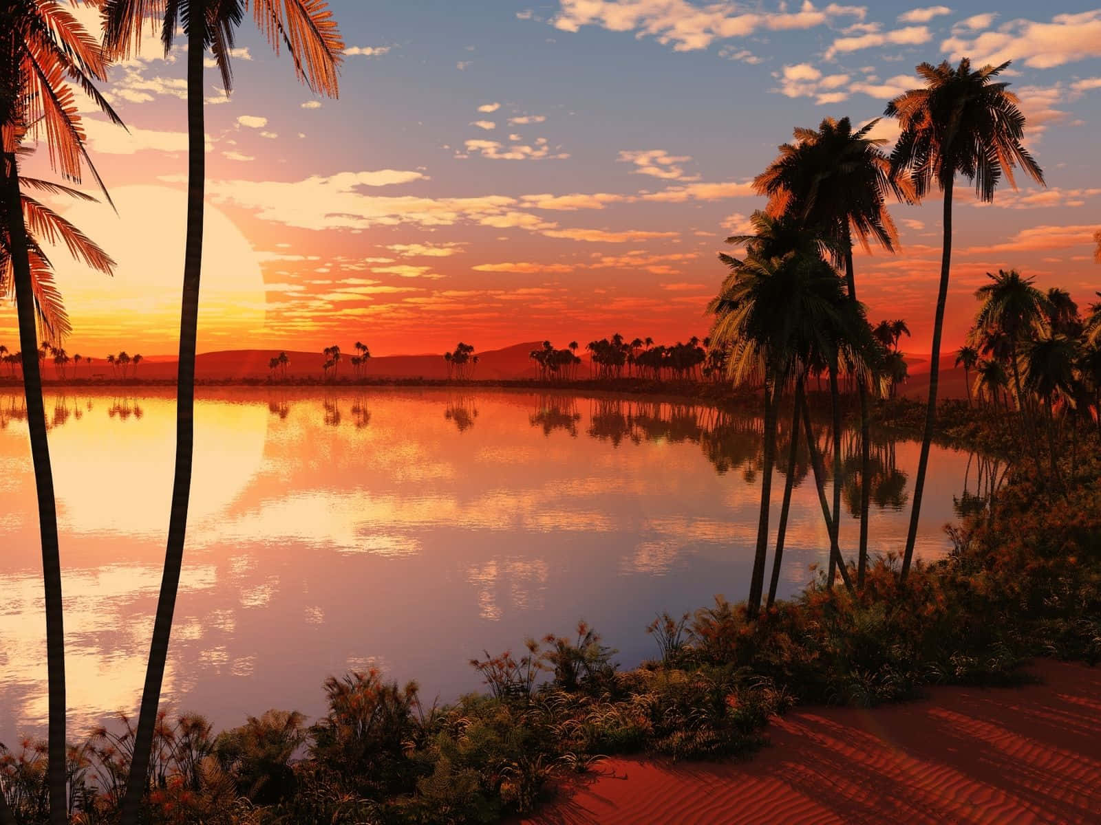 a sunset scene with palm trees and a lake