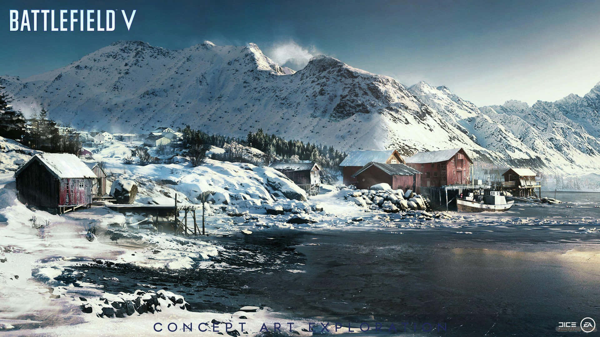 Battlefieldv - Eine Schneebedeckte Szene Mit Einem Berg Und Häusern.