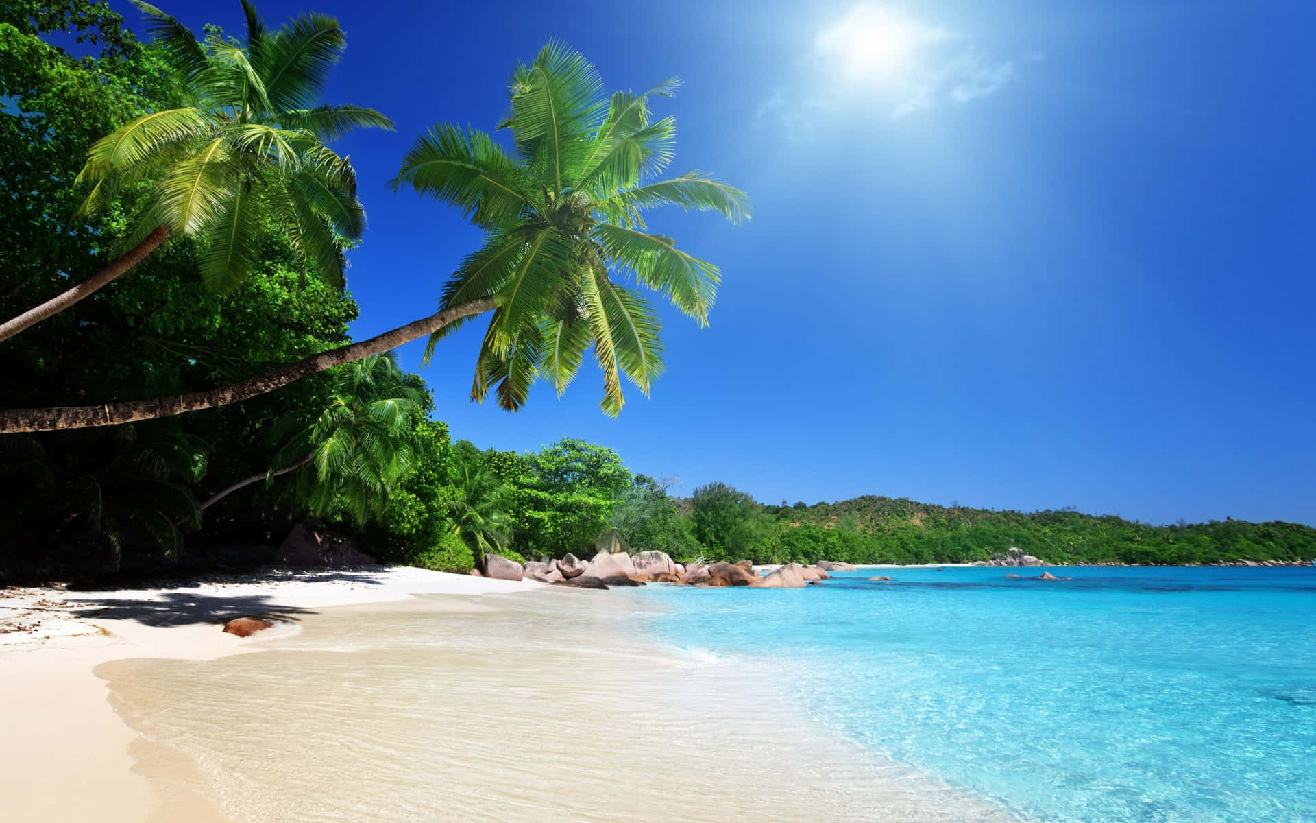 A stunning beach scene with crystal clear blue water and white sandy beach