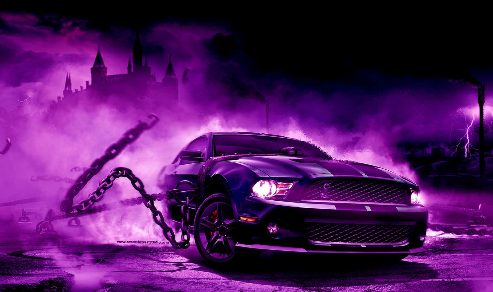 Purple Car With Chains And Castle In The Background