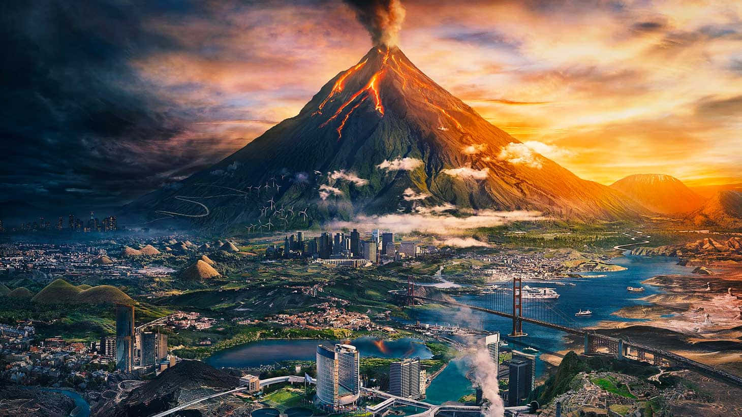 Einestadt Mit Einem Vulkan Im Hintergrund