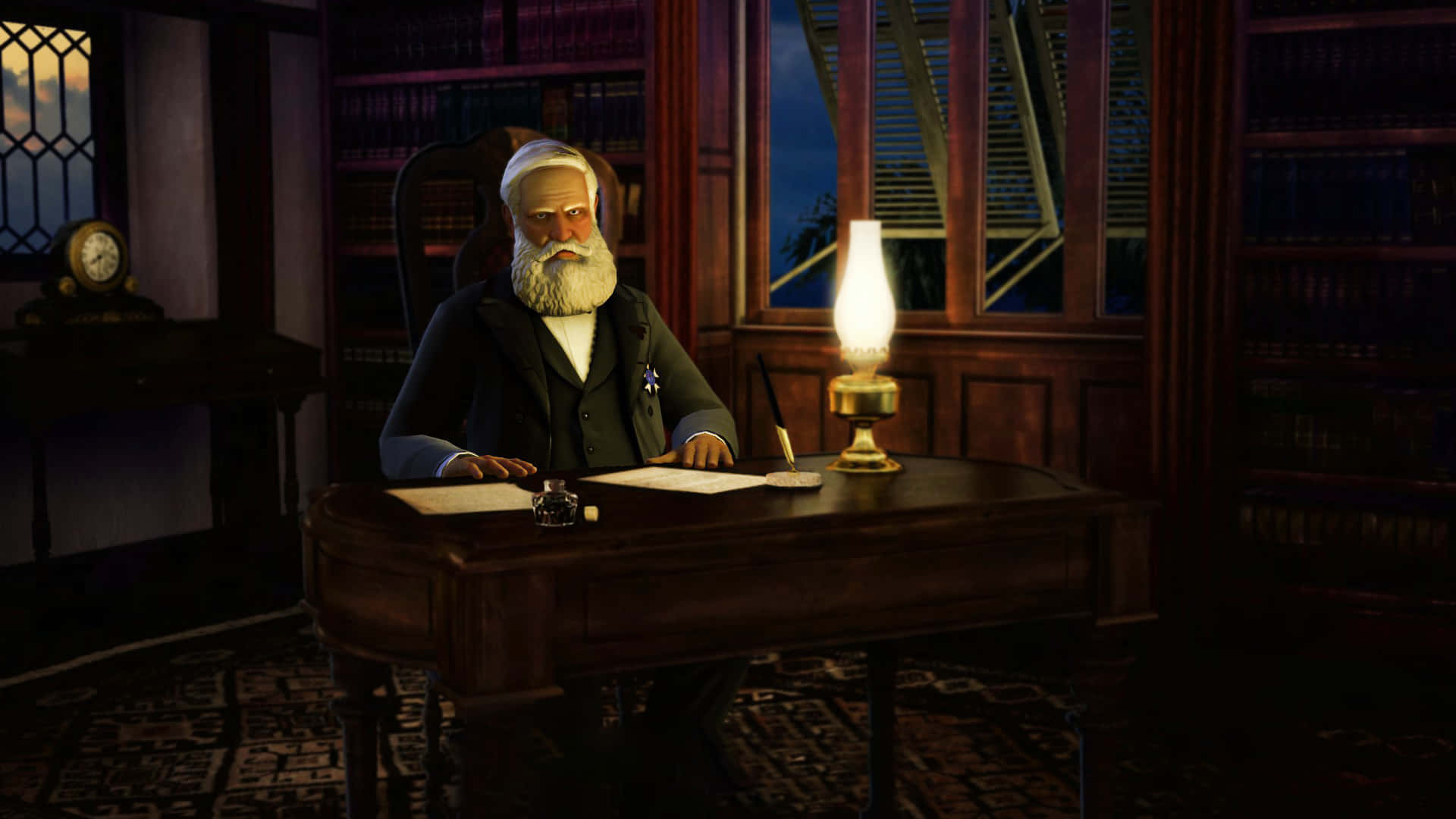 En mand sidder ved et skrivebord med en lampe.
