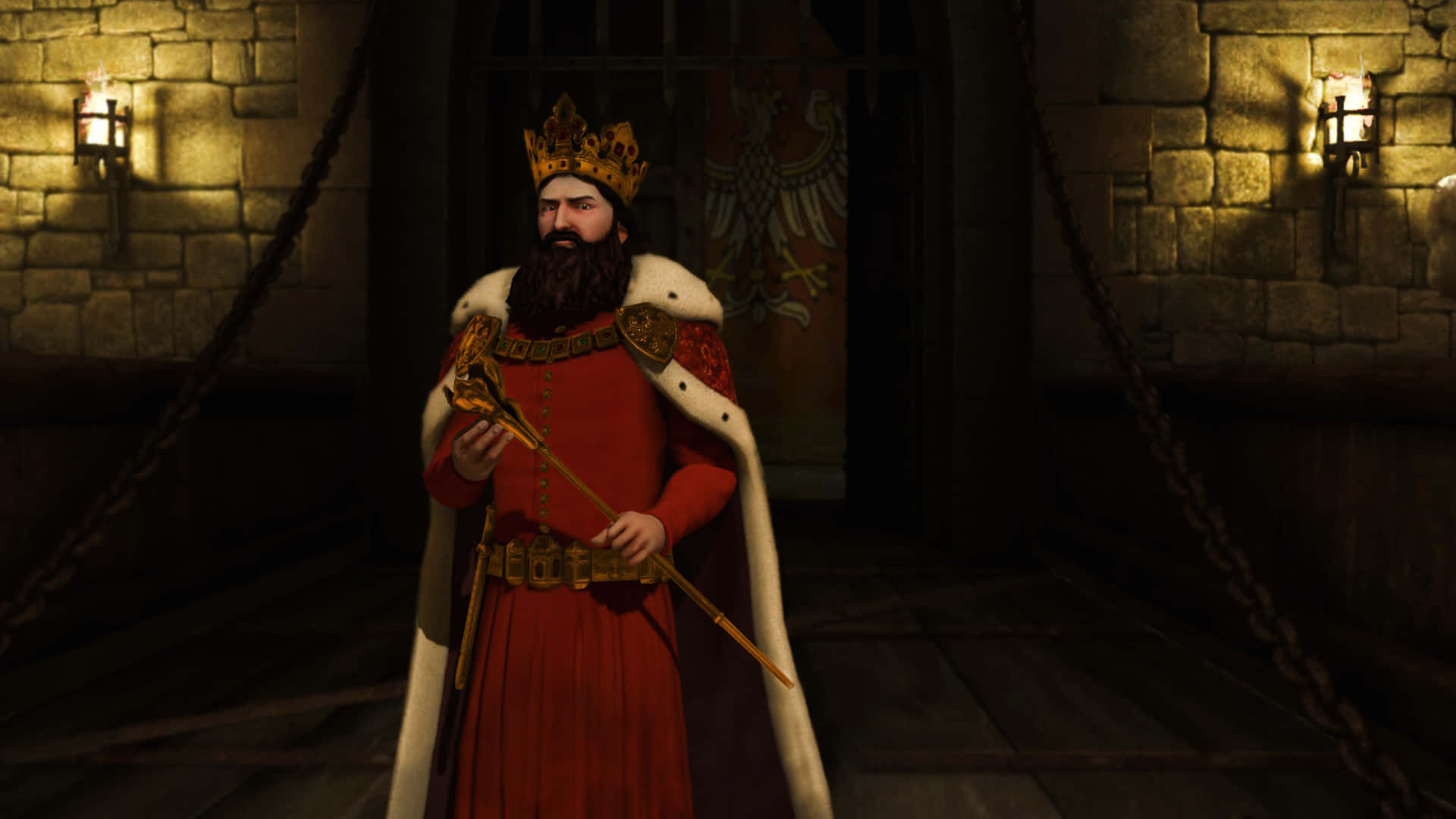 A King In Red And Gold Standing In A Hallway