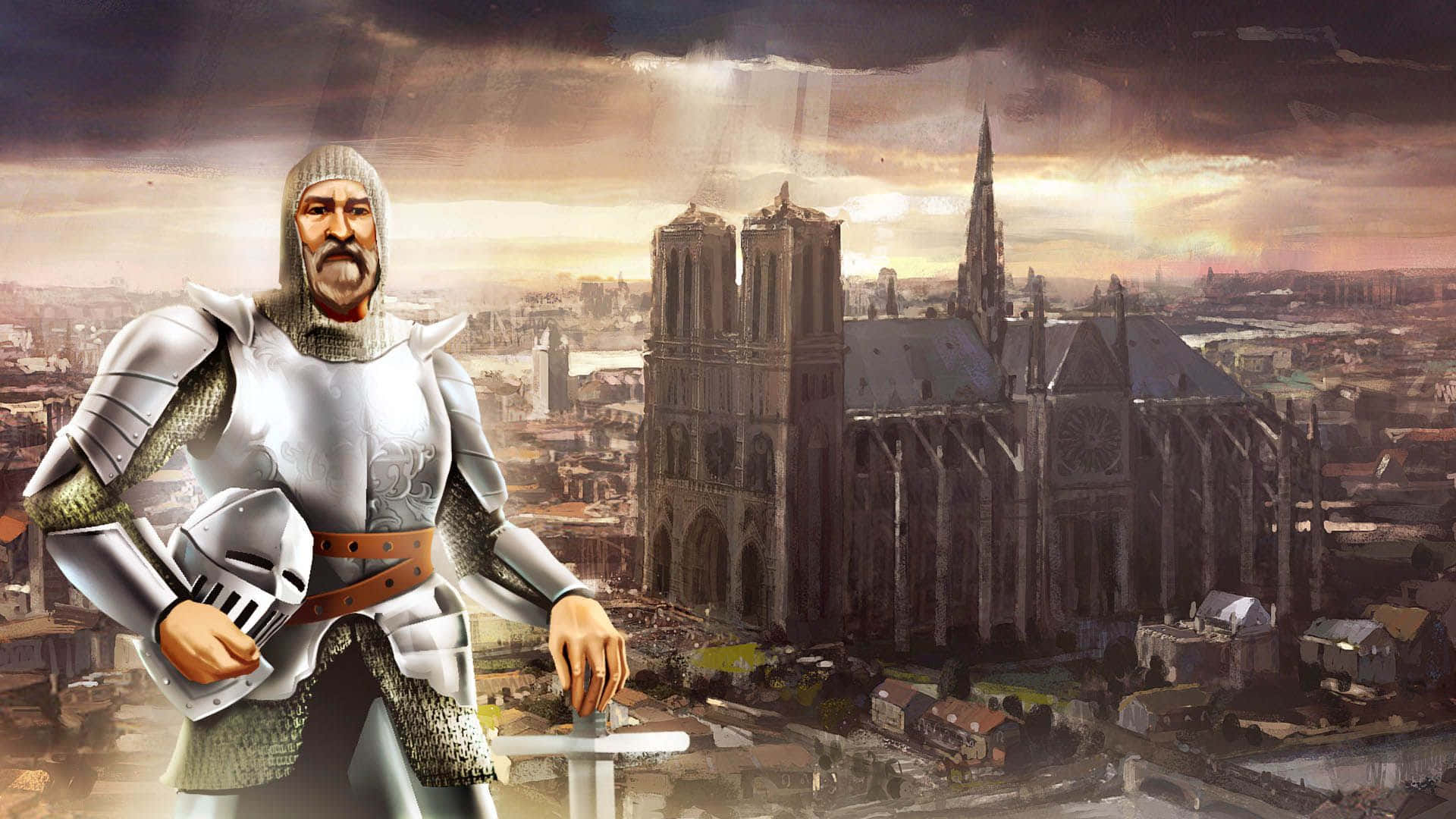 A Man In Armor Standing In Front Of A City