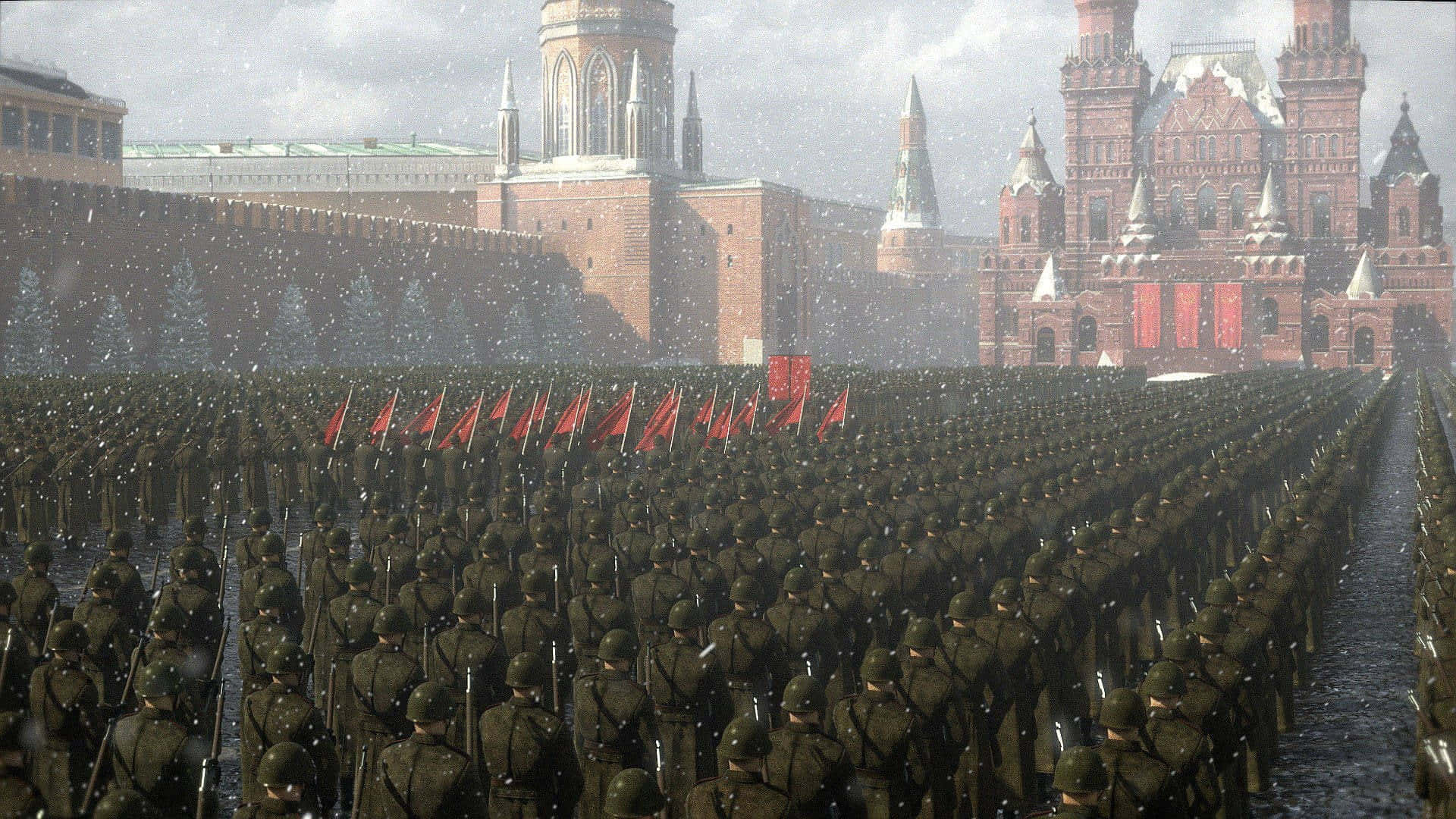 En stor gruppe soldater marsjerer foran et bygg.