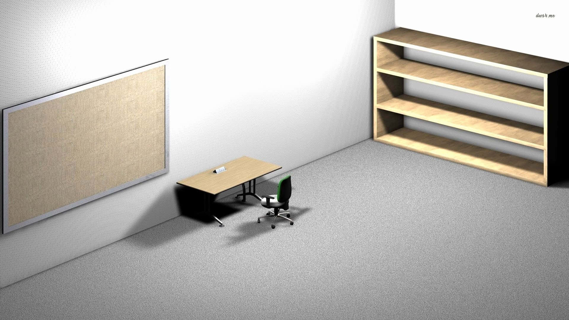 A 3d Model Of A Room With A Desk And A Shelf