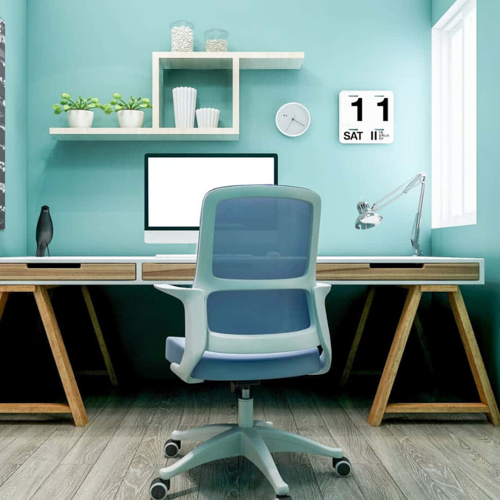 A Home Office With A Desk, Chair And Shelves