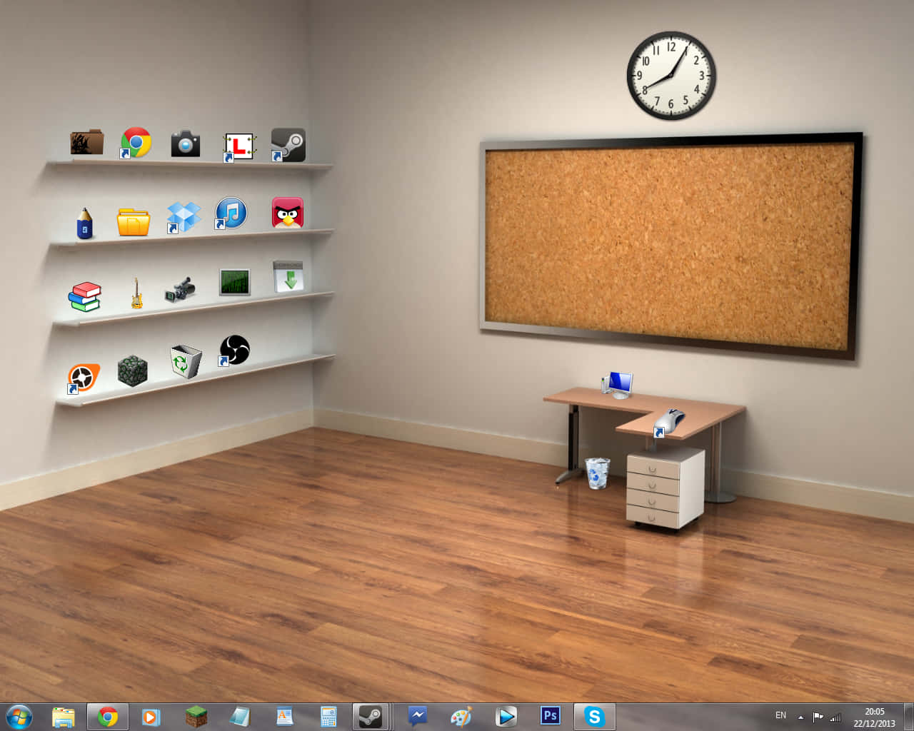 A Computer Desktop With A Desk And A Bulletin Board