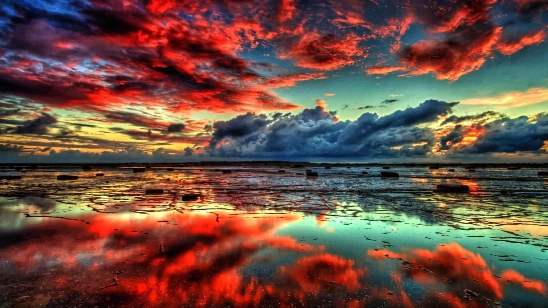 Besterdesktop-pc-hintergrund Mit Roten Wolken Über Dem See